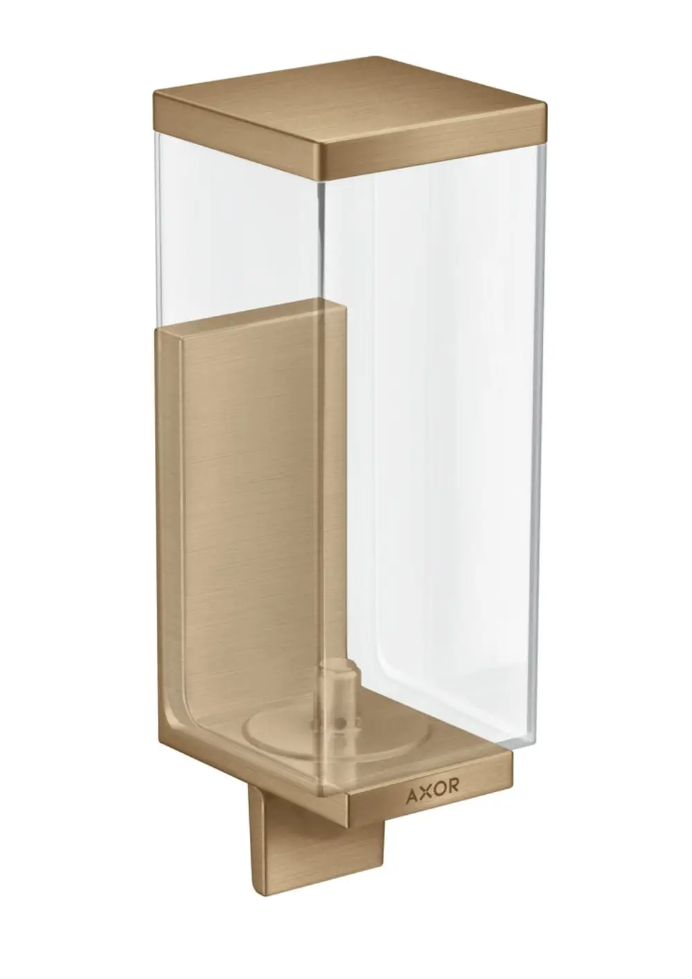 Transparenter Lotionenspender mit gebürstetem Bronze-Boden. Hersteller: AXOR. Das Design ist rechteckig und eignet sich zur Wandmontage.